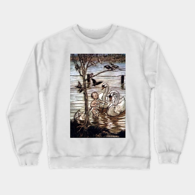 Peter Saved by Swans - Peter Pan in Kensington Gardens - Arthur Rackham Crewneck Sweatshirt by forgottenbeauty